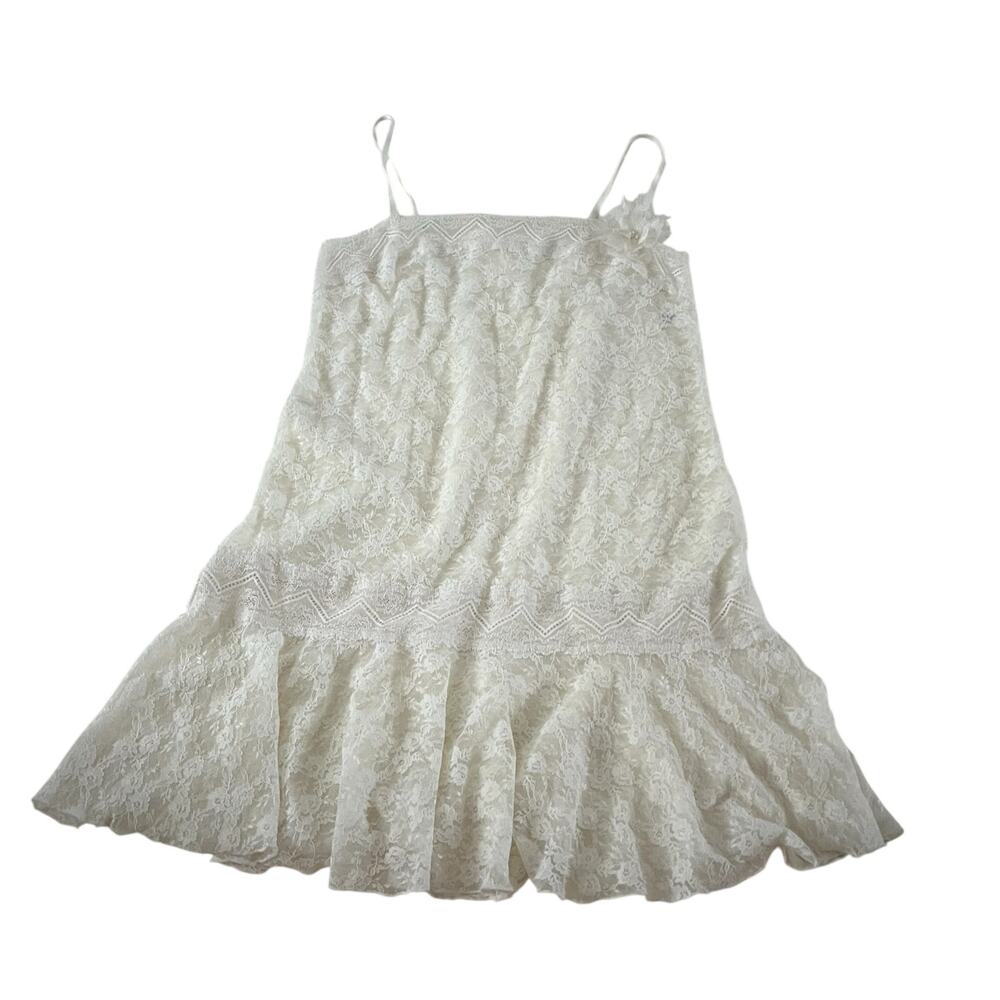 White Coquette Fairycore Mesh Lace Slip Dress Negligee Tiered Ruffle Hem Sz M
